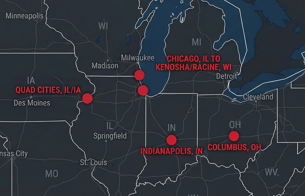 Map of key bonus lanes from Chicago through Kenosha, the Quad Cities, Indianapolis, and Columbus