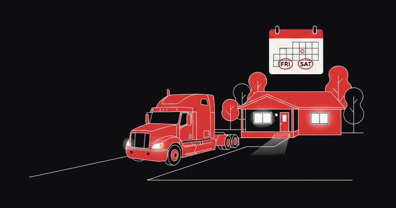 A red tractor parked at home, with Friday and Saturday circled on a calendar